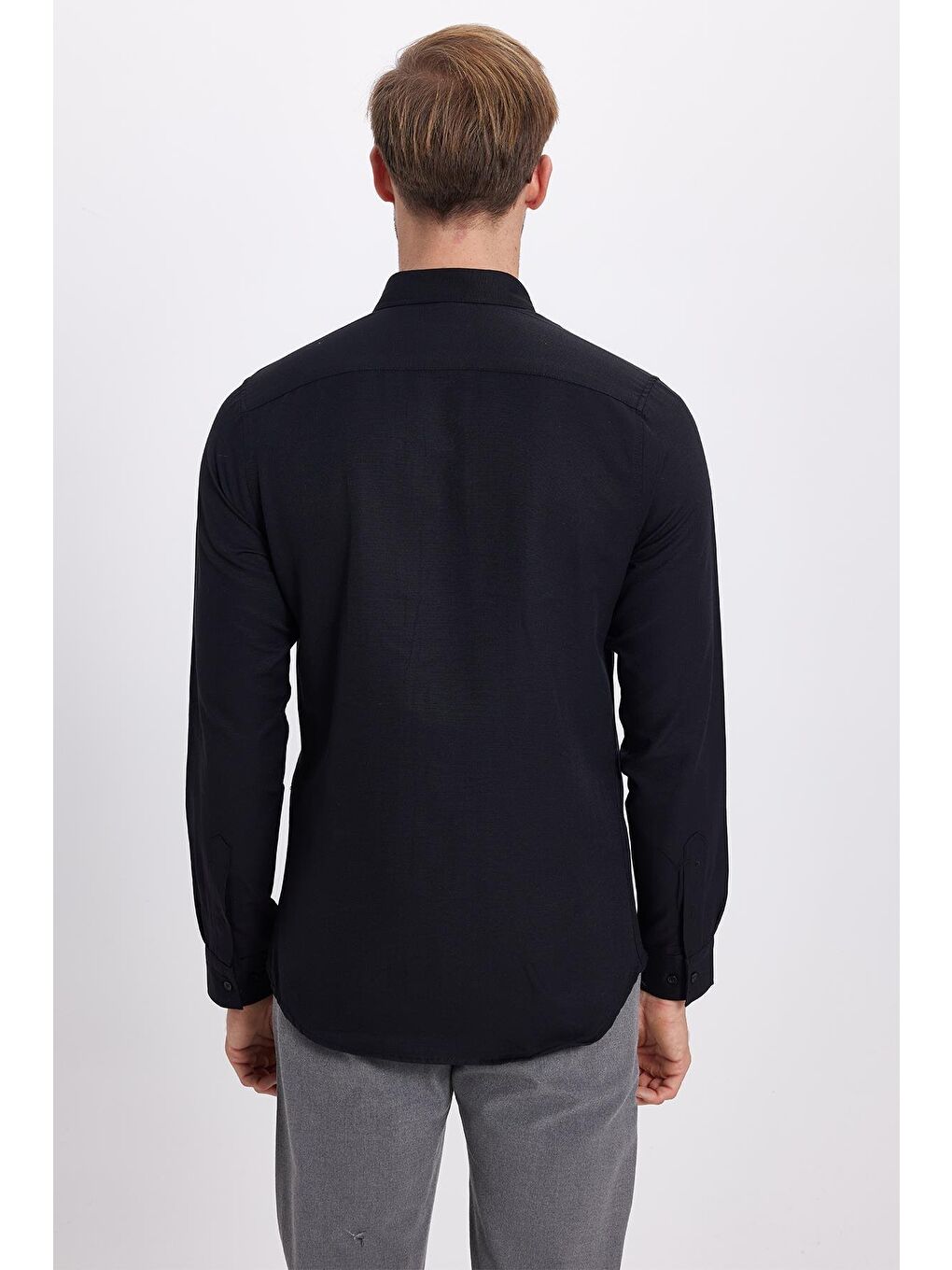 Erkek Slim Fit Dar Kesim Uzun Kollu Pamuklu Oxford Doku Kolay Ütü Siyah Düğmeli Yaka Gömlek-6