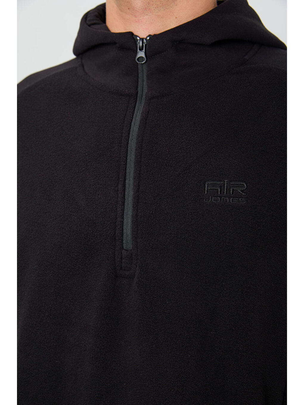 Siyah Yarım Fermuarlı Kapüşonlu Renk Bloklu Standart Kalıp  Polar Erkek Hoodie - 88300-2