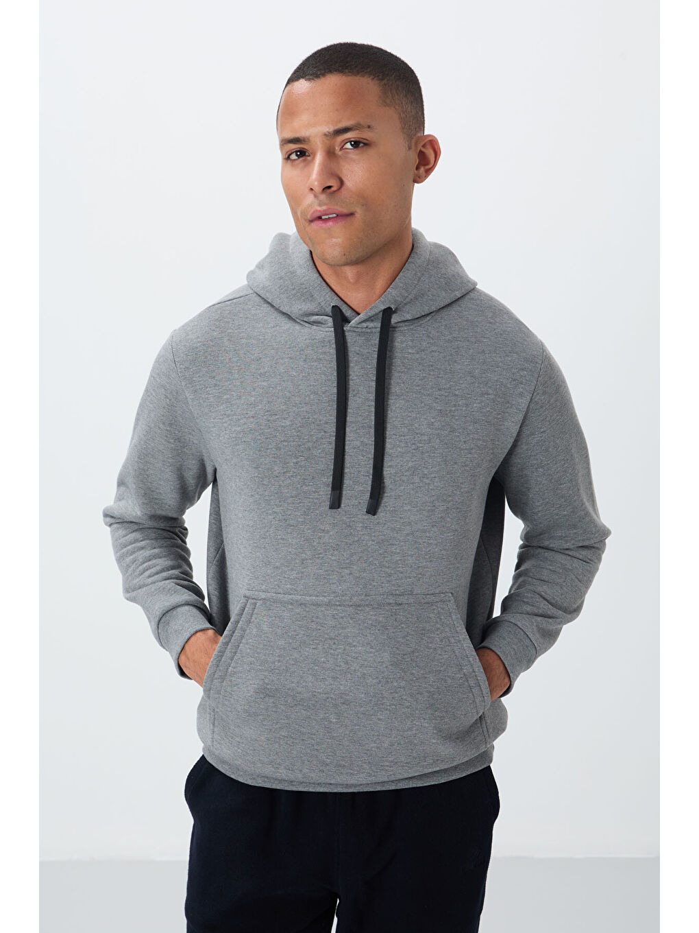 Gri Melanj Pamuklu Kalın İçi Tüylü Yumuşak Dokulu Comfort Fit Erkek Hoodie - 88419