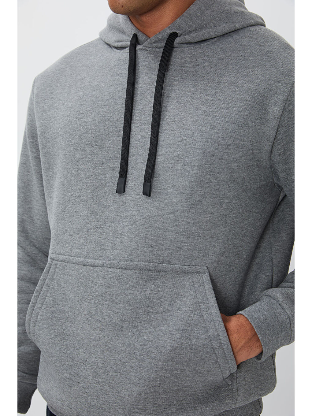 Gri Melanj Pamuklu Kalın İçi Tüylü Yumuşak Dokulu Comfort Fit Erkek Hoodie - 88419-2