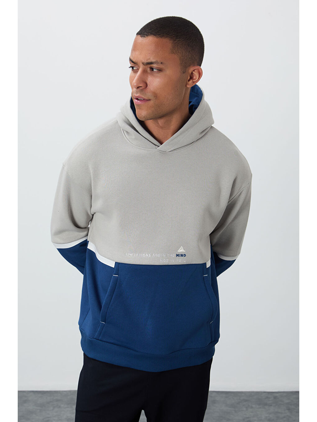 Bej Taş Pamuklu Kalın İçi Tüylü Yumuşak Dokulu Comfort Fit Nakışlı  Erkek Hoodie - 88417-3