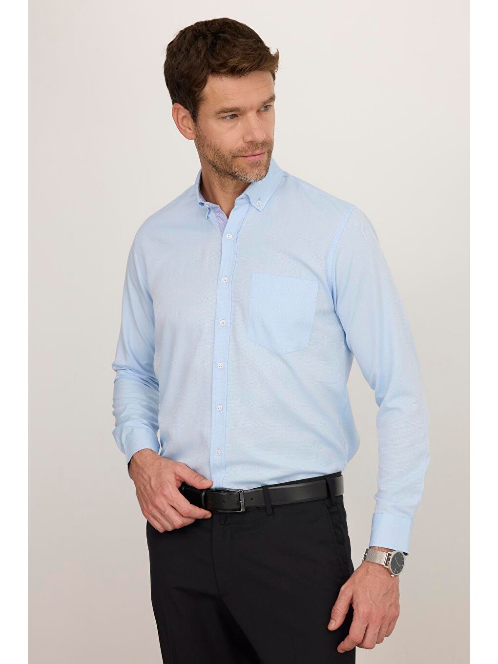 Erkek Regular Fit Klasik Kesim Pamuklu Kolay Ütü Oxford Düz Mavi Gömlek-1