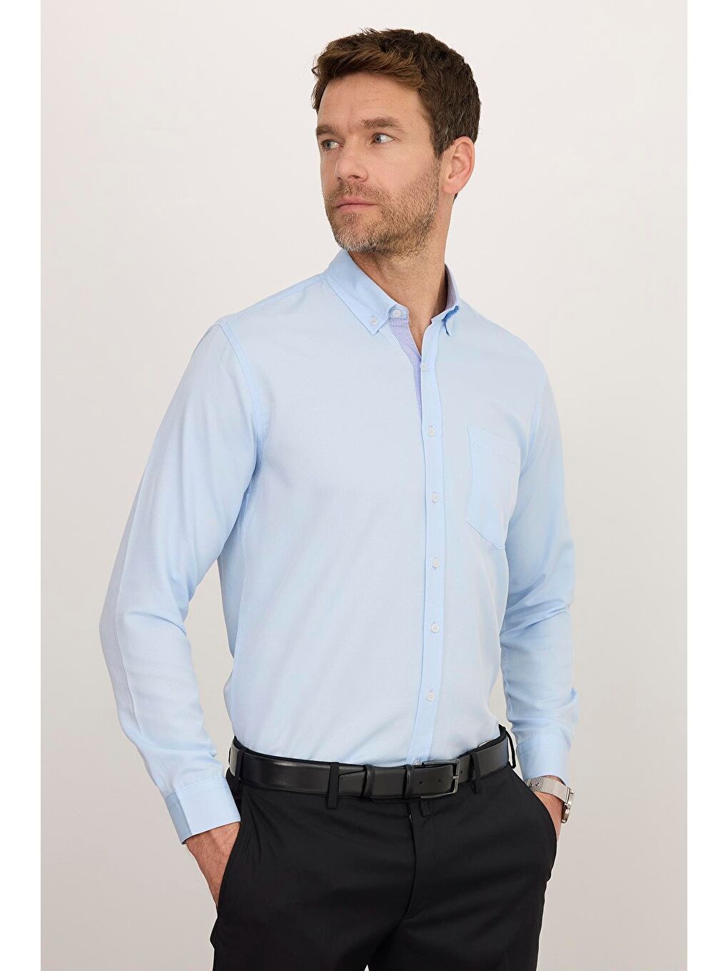 Erkek Regular Fit Klasik Kesim Pamuklu Kolay Ütü Oxford Düz Mavi Gömlek-3