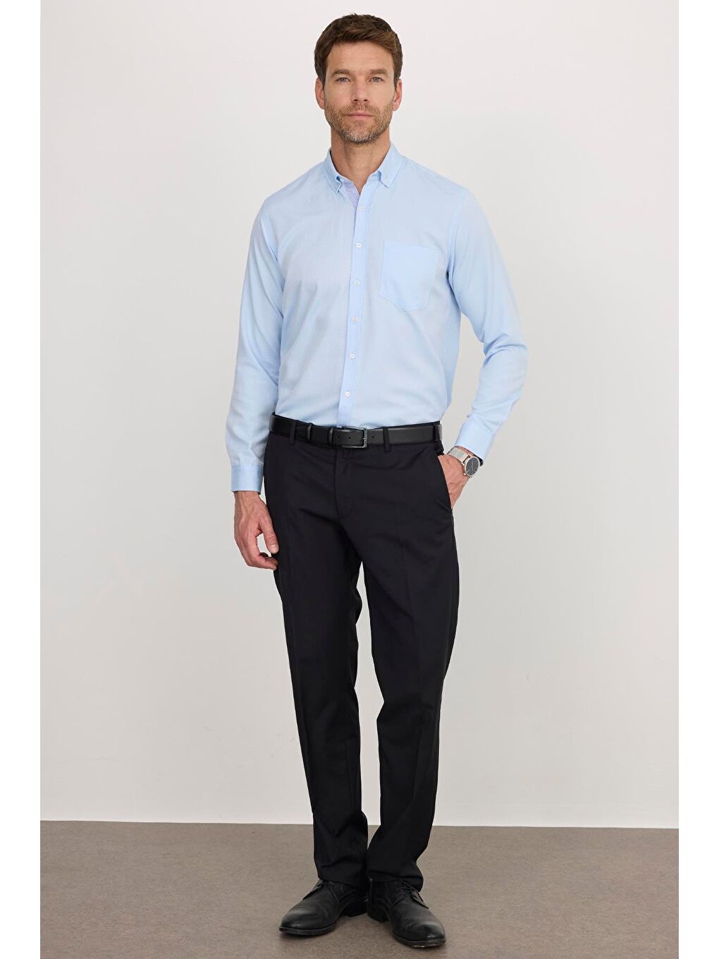 Erkek Regular Fit Klasik Kesim Pamuklu Kolay Ütü Oxford Düz Mavi Gömlek-4