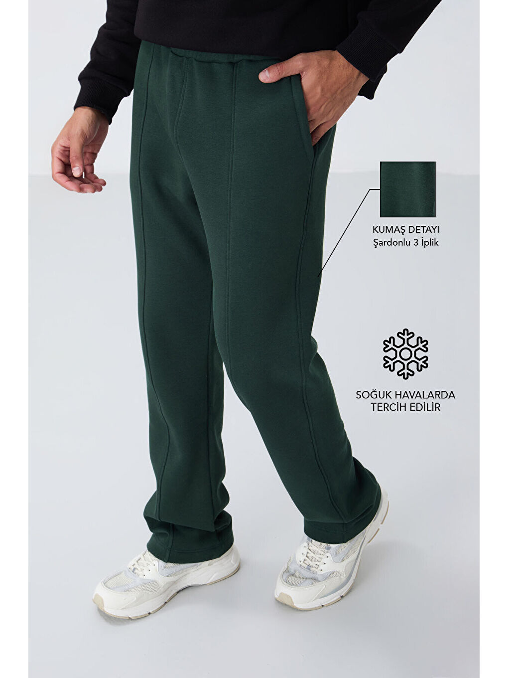 Çam Yeşil Pamuklu Kalın İçi Tüylü Yumuşak Dokulu Oversize Nakışlı Erkek Eşofman Altı -82146