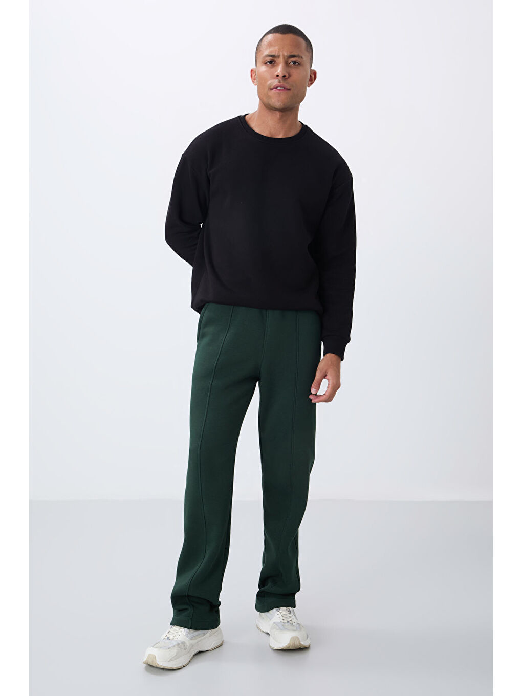 Çam Yeşil Pamuklu Kalın İçi Tüylü Yumuşak Dokulu Oversize Nakışlı Erkek Eşofman Altı -82146-3