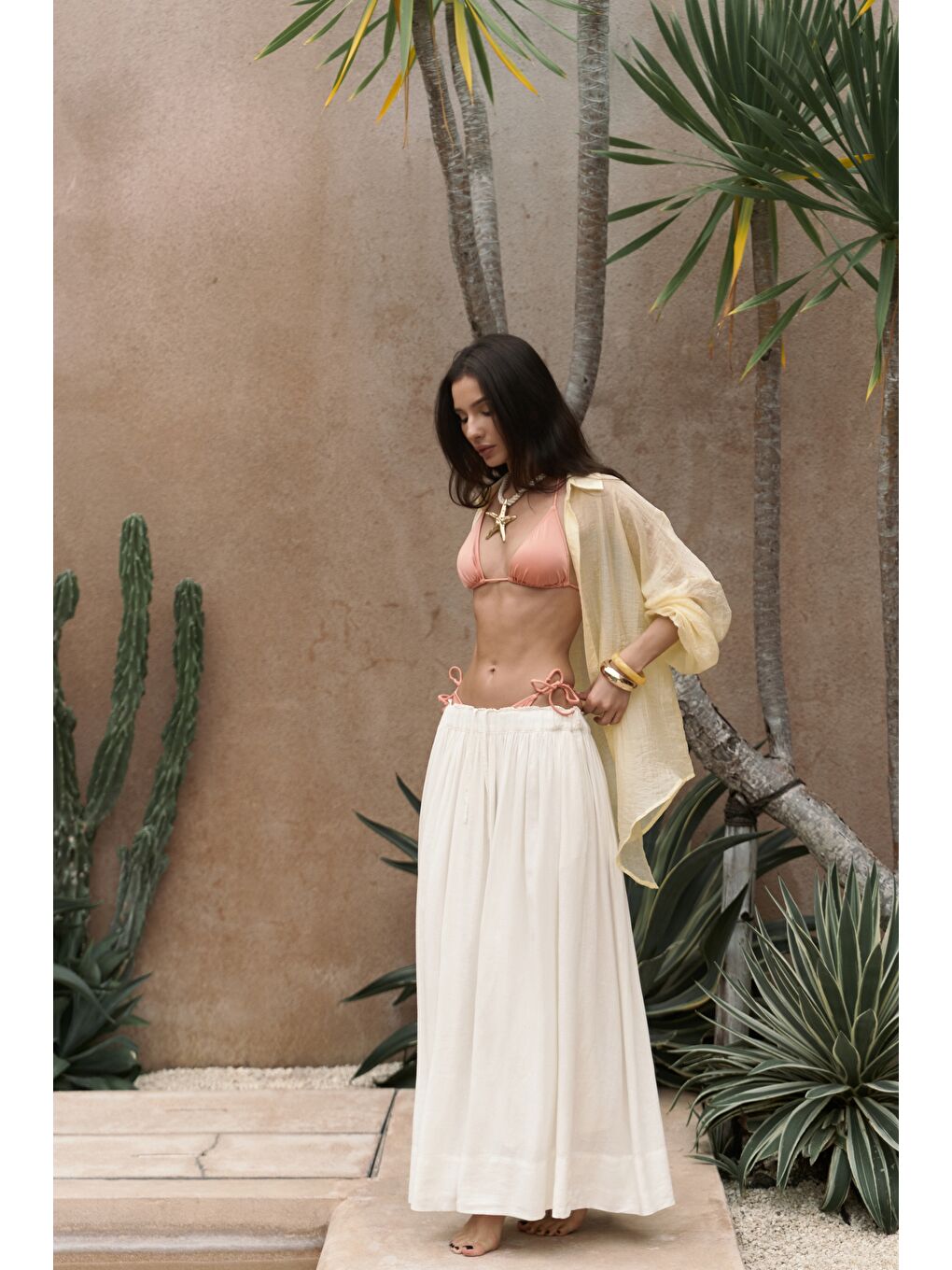 Gabbiano Bağcıklı Pileli Ekru Keten Etek