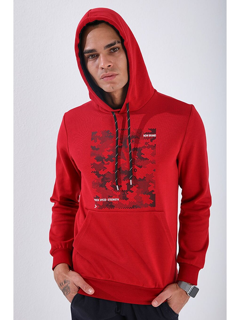 Kırmızı Kamuflaj Desen Baskılı Standart Kalıp Kapüşonlu  Erkek Hoodie - 87884-4