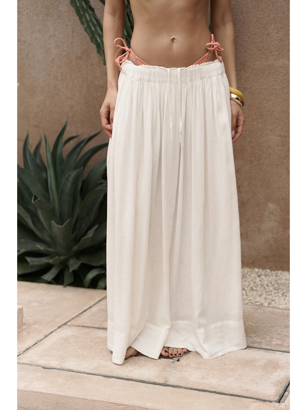 Gabbiano Bağcıklı Pileli Ekru Keten Etek-4