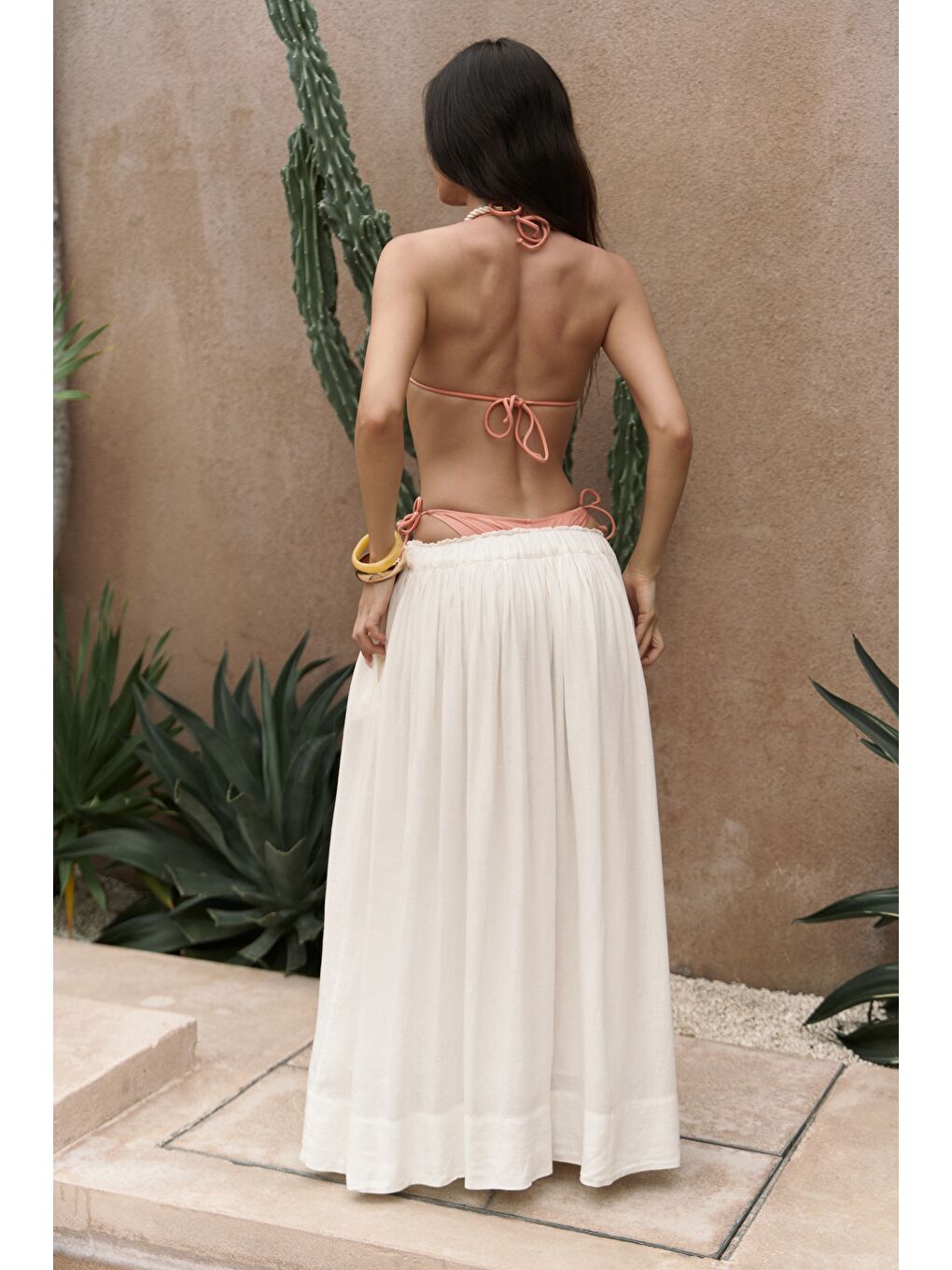 Gabbiano Bağcıklı Pileli Ekru Keten Etek-5