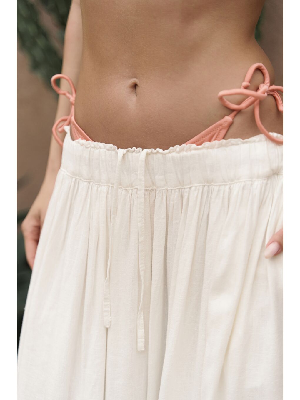 Gabbiano Bağcıklı Pileli Ekru Keten Etek-6