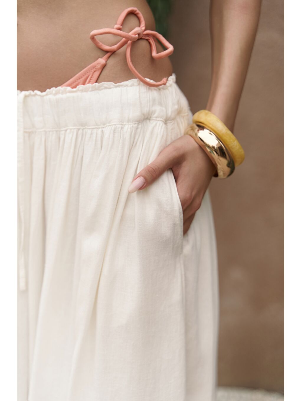 Gabbiano Bağcıklı Pileli Ekru Keten Etek-7