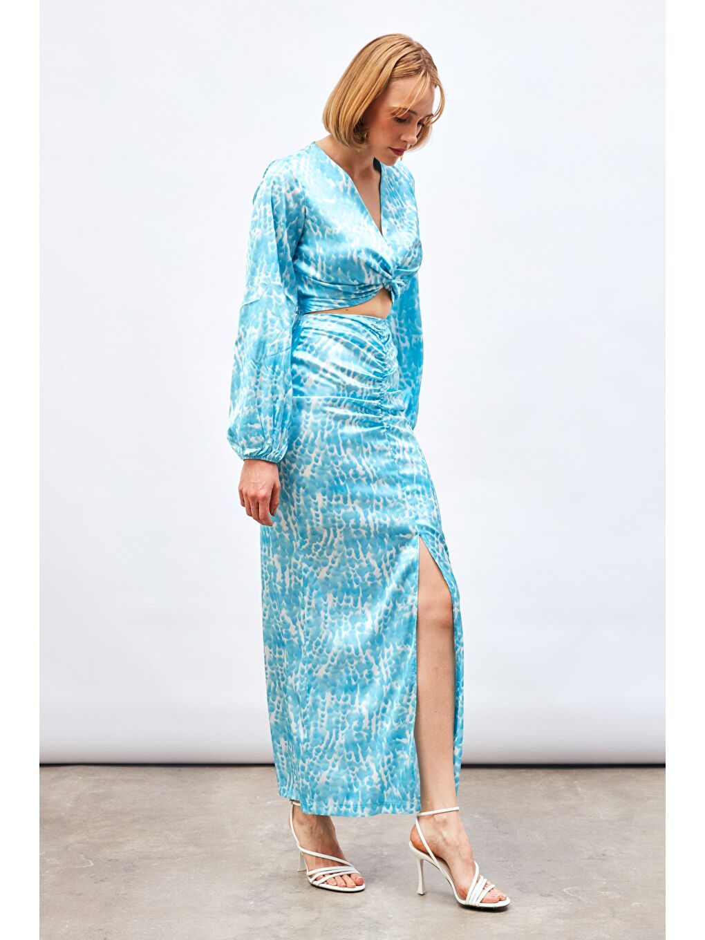 Yırtmaç Detaylı Desenli Uzun Etek - Turkuaz-3