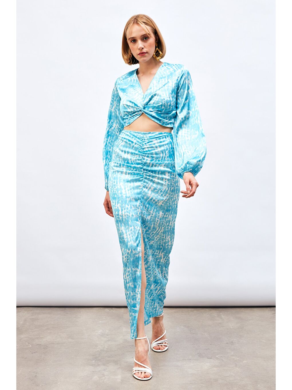 Yırtmaç Detaylı Desenli Uzun Etek - Turkuaz-4