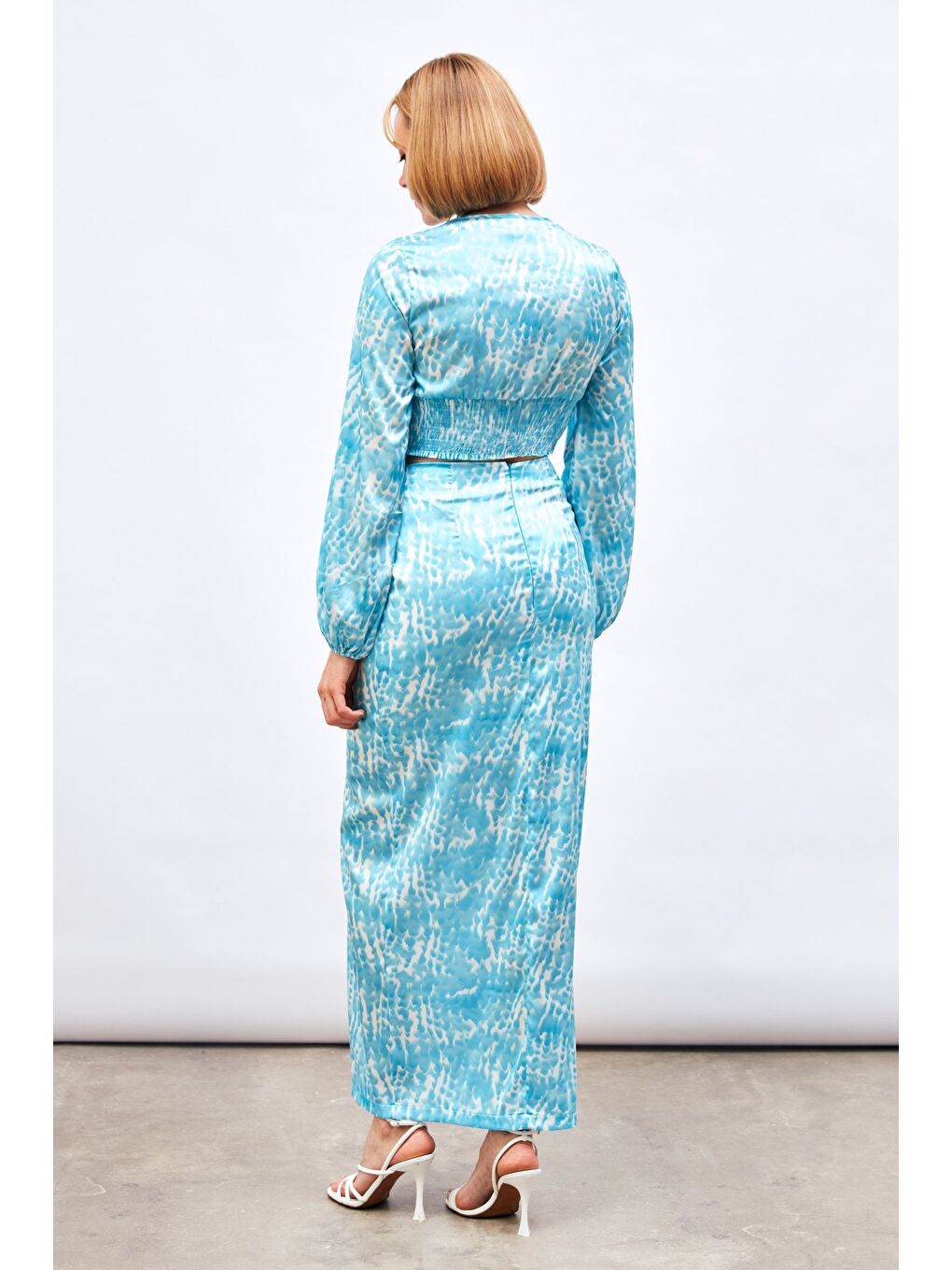 Yırtmaç Detaylı Desenli Uzun Etek - Turkuaz-7