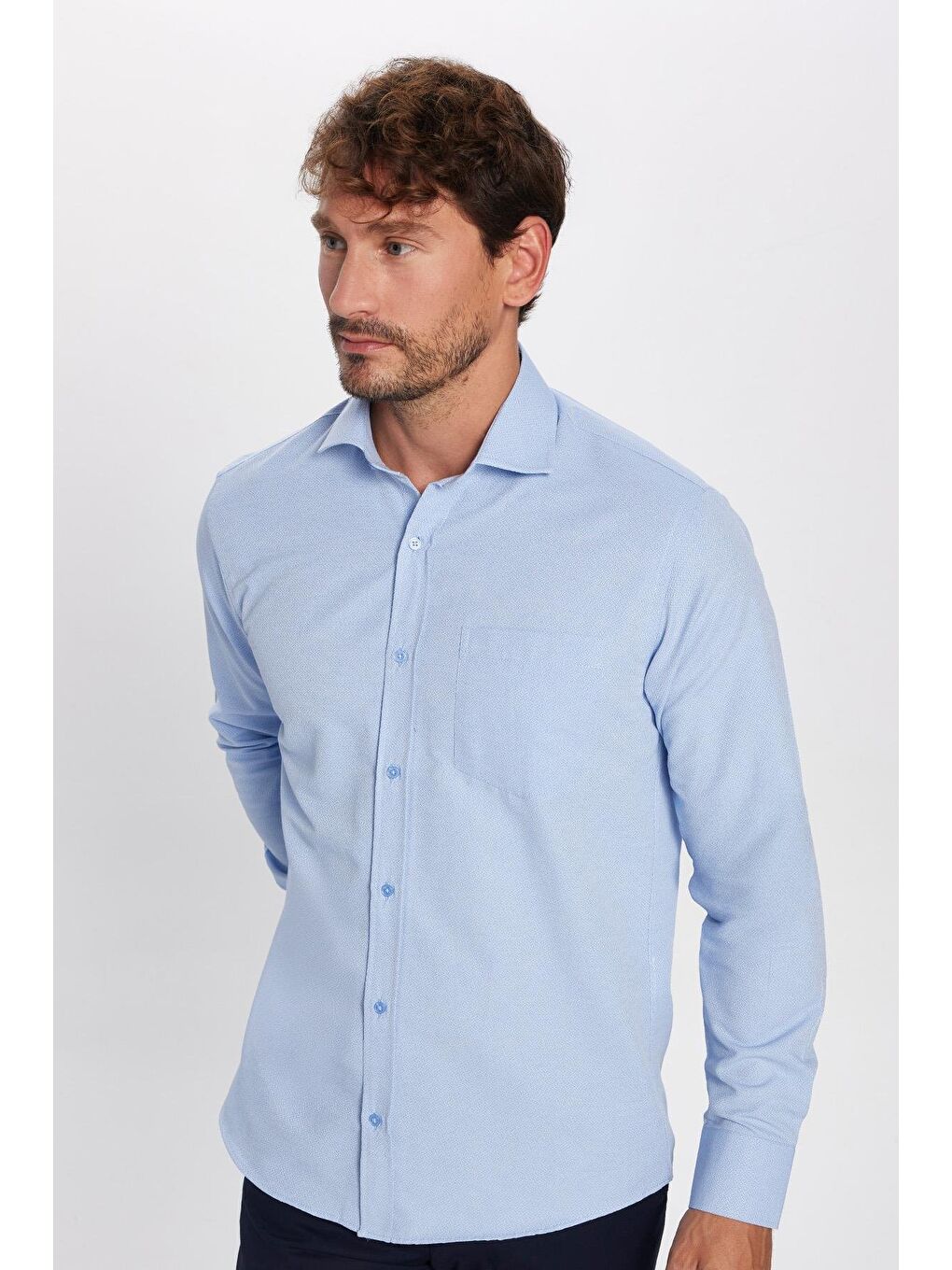 Erkek Regular Fit Klasik Kesim Kravatlık Armürlü Mavi Gömlek