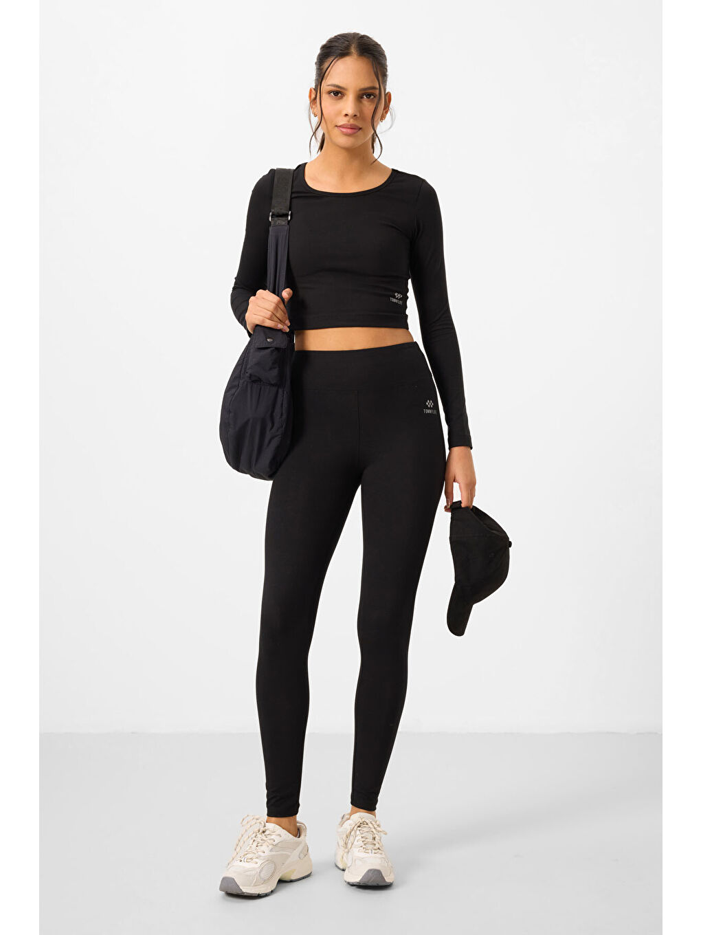 Siyah Yüksek Bel Uzun Kollu Slim Fit Crop Top Kadın Tayt Takım - 95286