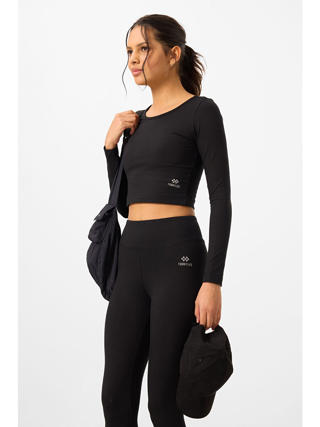 Siyah Yüksek Bel Uzun Kollu Slim Fit Crop Top Kadın Tayt Takım - 95286-2