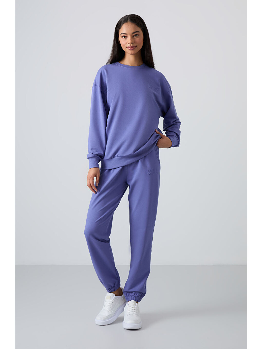 Mavi Eflatun Bisiklet Yaka Oversize Lastik Paça Kadın Eşofman Takımı - 95287