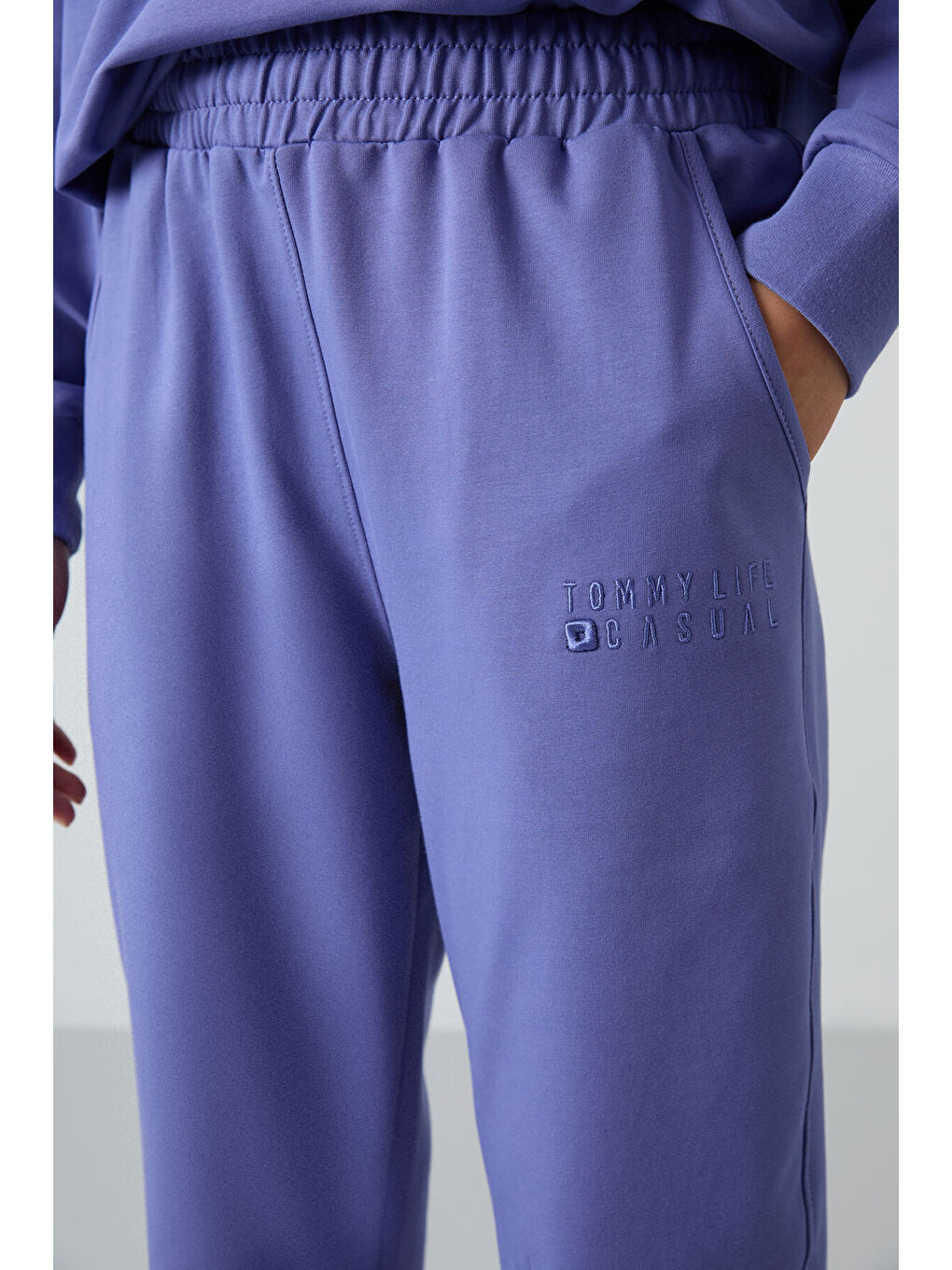 Mavi Eflatun Bisiklet Yaka Oversize Lastik Paça Kadın Eşofman Takımı - 95287-3