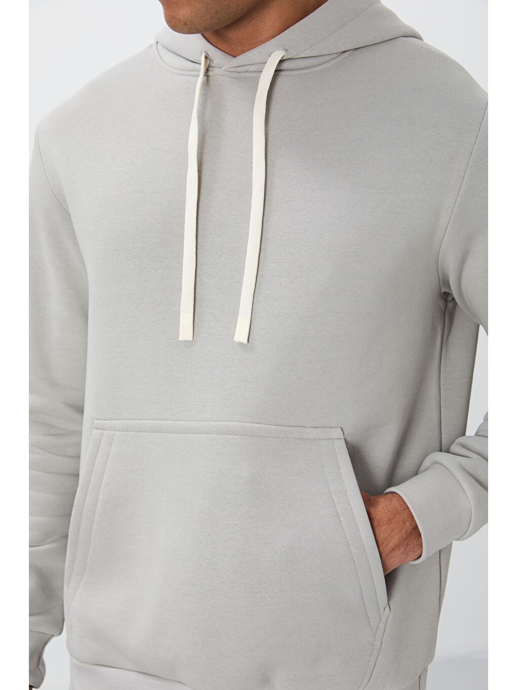 Bej Taş Pamuklu Kalın İçi Tüylü Yumuşak Dokulu Comfort Fit Erkek Kapüşonlu Sweatshirt Hoodie - 88419-2