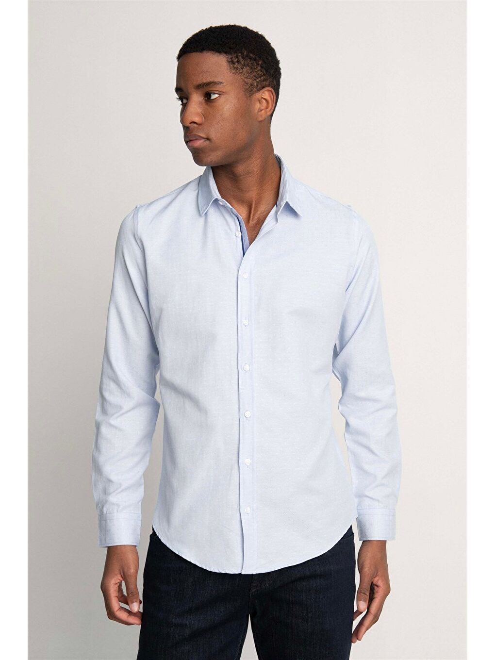 Slim Fit Uzun Kollu Oxford Doku Armürlü Biyeli Erkek Mavi Gömlek