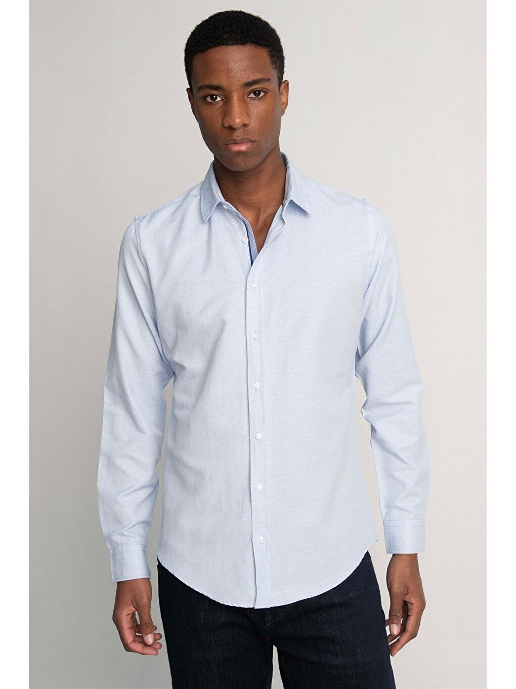 Slim Fit Uzun Kollu Oxford Doku Armürlü Biyeli Erkek Mavi Gömlek-1