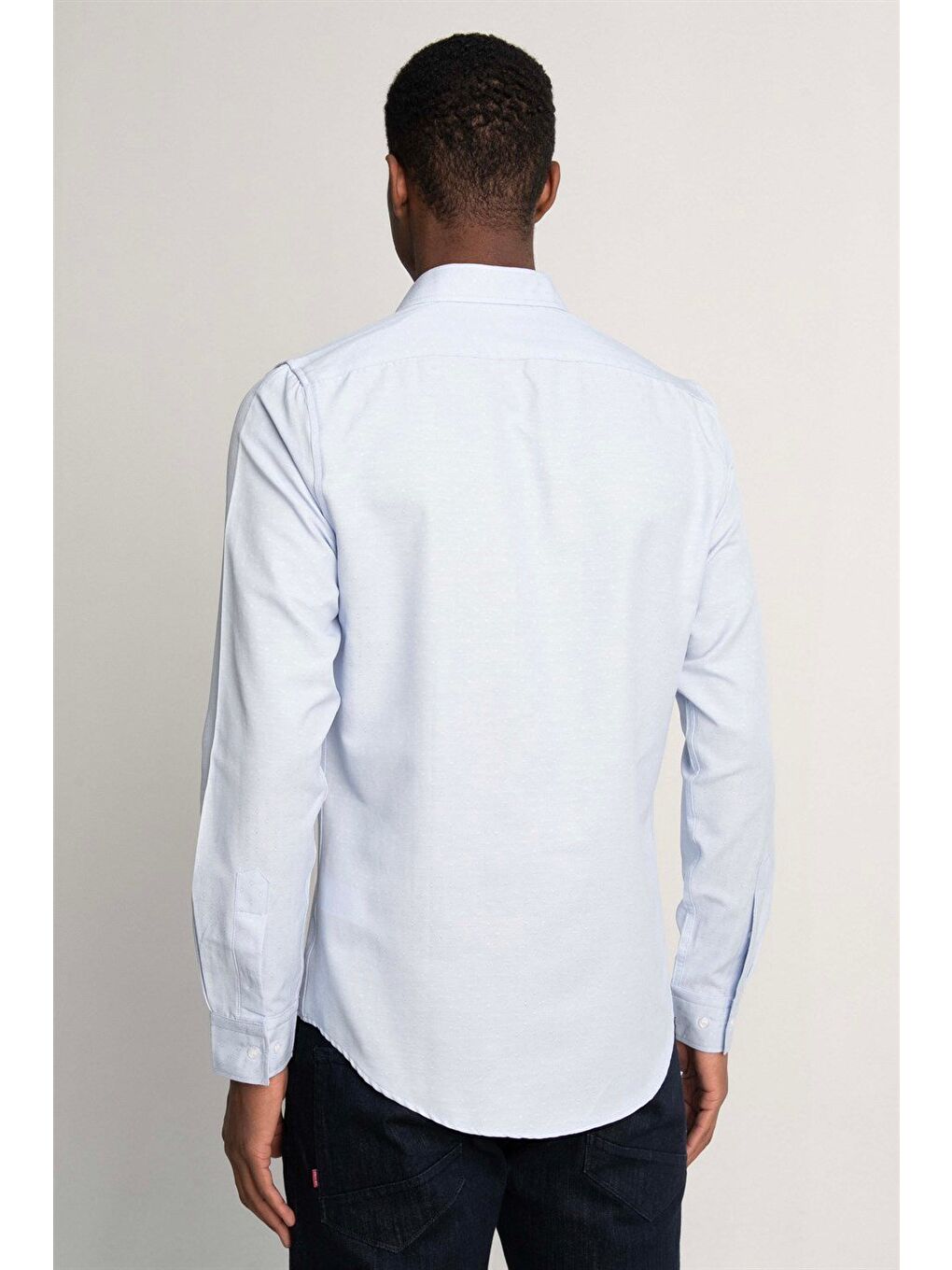 Slim Fit Uzun Kollu Oxford Doku Armürlü Biyeli Erkek Mavi Gömlek-3