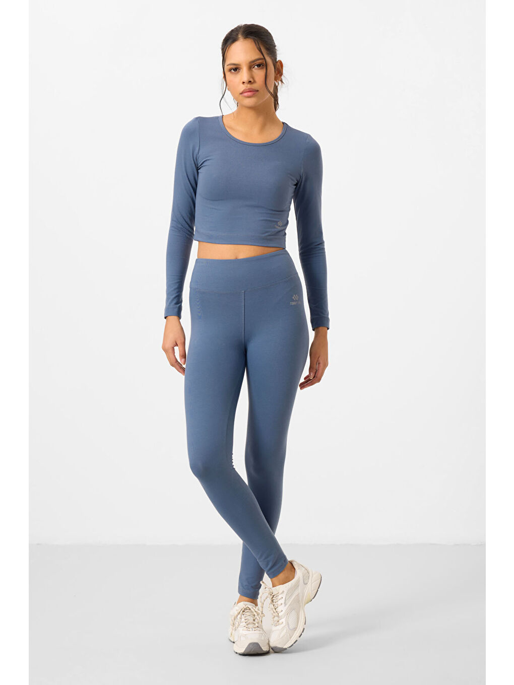 Petrol Yüksek Bel Uzun Kollu Slim Fit Crop Top Kadın Tayt Takım - 95286