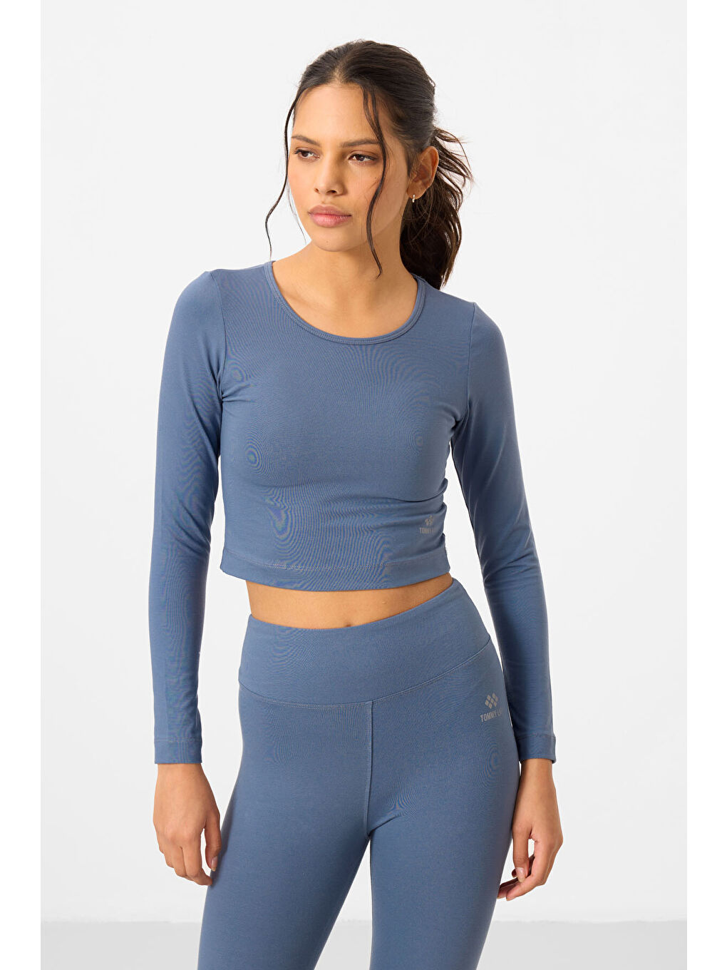 Petrol Yüksek Bel Uzun Kollu Slim Fit Crop Top Kadın Tayt Takım - 95286-4