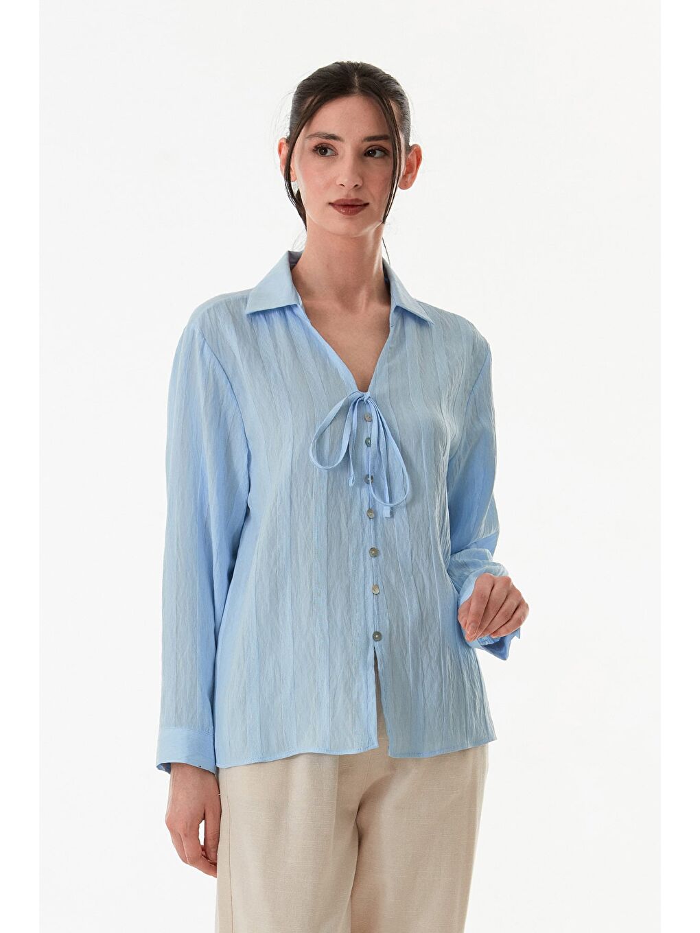 Mavi Önü Bağlamalı Düğmeli Salaş Gömlek-1