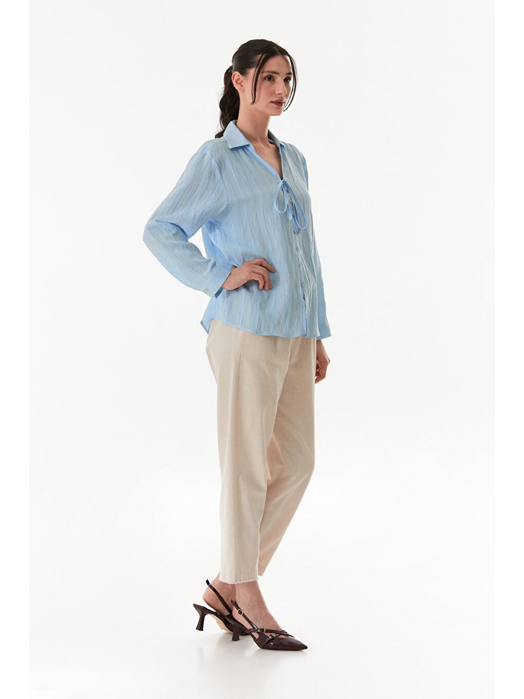 Mavi Önü Bağlamalı Düğmeli Salaş Gömlek-3