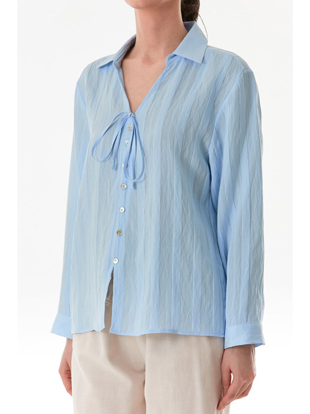 Mavi Önü Bağlamalı Düğmeli Salaş Gömlek-4