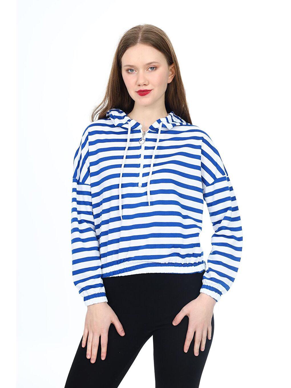Mavi Kadın Crop Sweatshirt-Kapüşonlu-Yarım Fermuarlı-Beli Lastikli- 0188Tto
