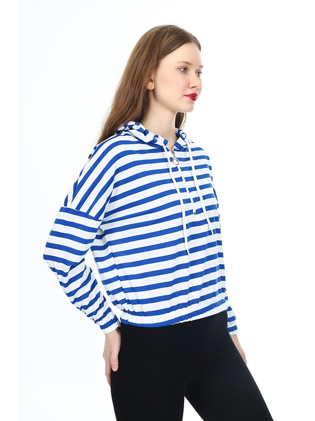 Mavi Kadın Crop Sweatshirt-Kapüşonlu-Yarım Fermuarlı-Beli Lastikli- 0188Tto-1