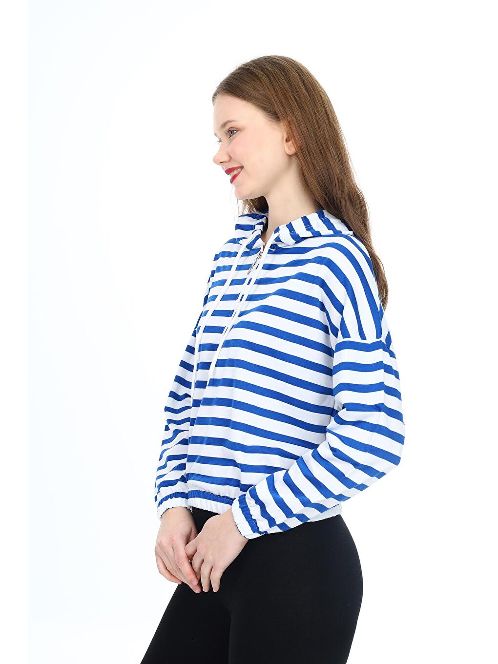 Mavi Kadın Crop Sweatshirt-Kapüşonlu-Yarım Fermuarlı-Beli Lastikli- 0188Tto-2