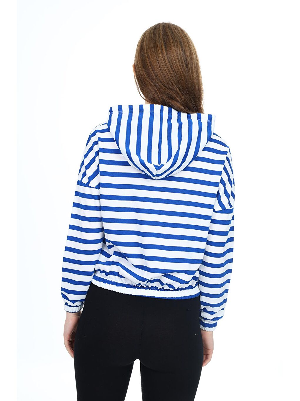 Mavi Kadın Crop Sweatshirt-Kapüşonlu-Yarım Fermuarlı-Beli Lastikli- 0188Tto-3