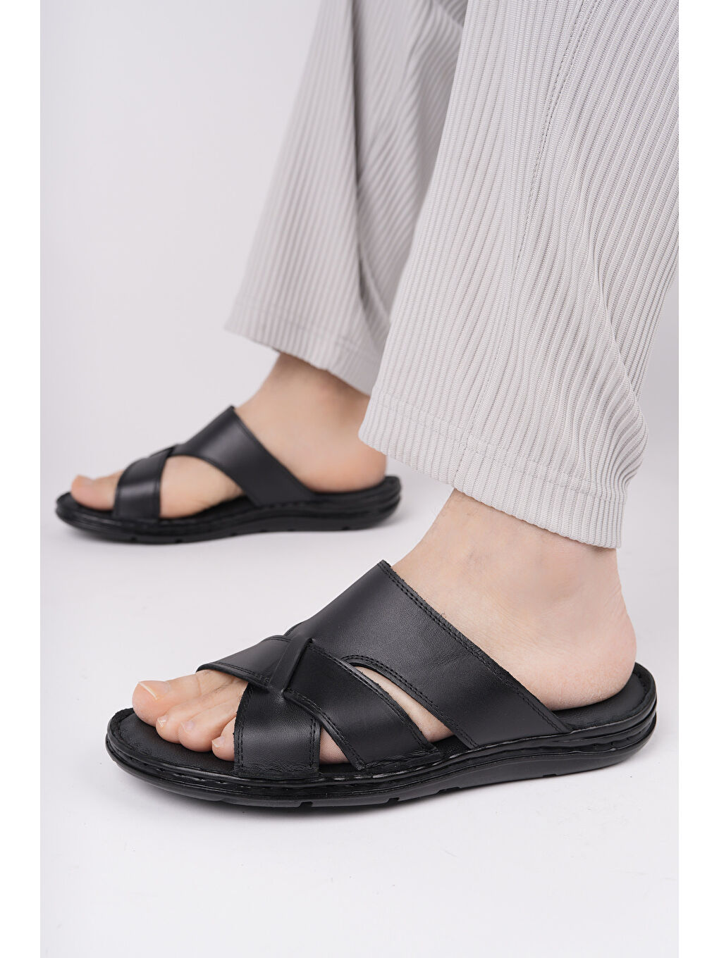 Siyah Eco Erkek Günlük Hakiki Deri Rahat Yumuşak Taban Ortopedik Terlik-6