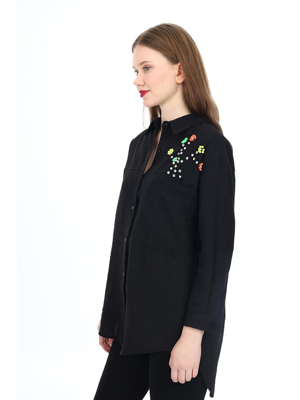 Siyah Kadın Gömlek-Omzu Taş Süslemeli-0202Zyk-1