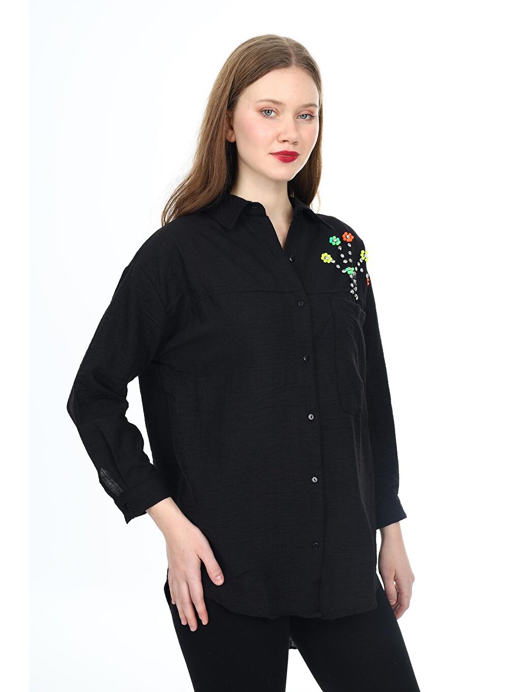 Siyah Kadın Gömlek-Omzu Taş Süslemeli-0202Zyk-2