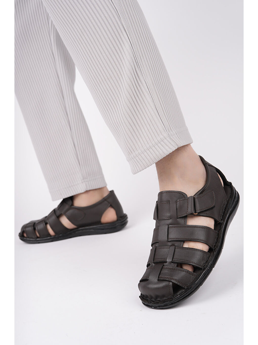 Kahverengi Edinburg Erkek Günlük Hakiki Deri Rahat Yumuşak Taban Ortopedik Sandalet-1