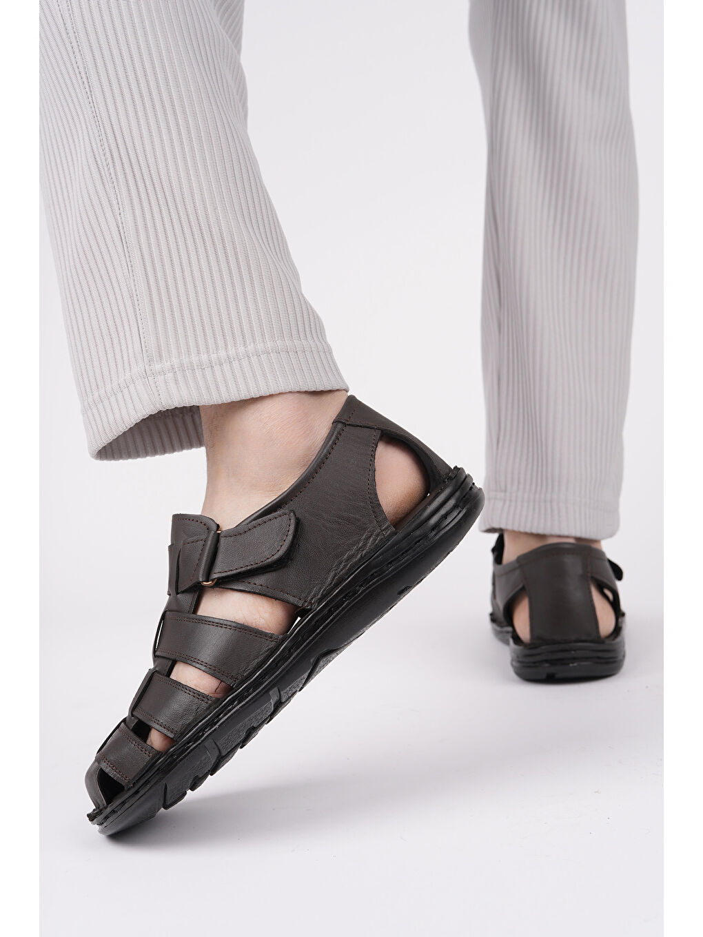 Kahverengi Edinburg Erkek Günlük Hakiki Deri Rahat Yumuşak Taban Ortopedik Sandalet-2