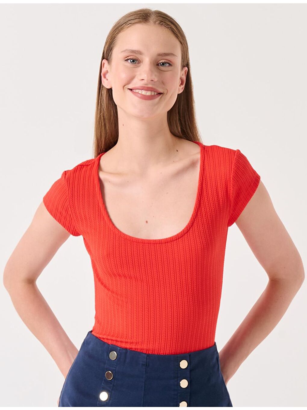 Turuncu U Yaka Kısa Kollu Örme Bluz