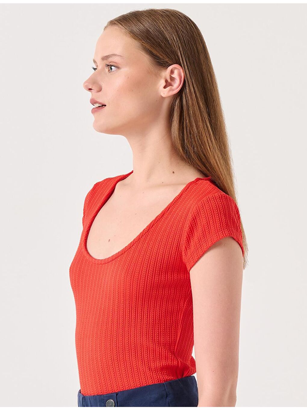 Turuncu U Yaka Kısa Kollu Örme Bluz-3