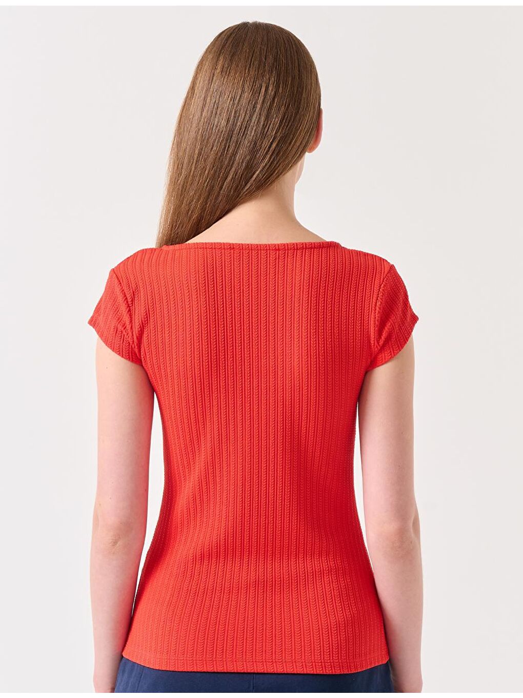 Turuncu U Yaka Kısa Kollu Örme Bluz-4