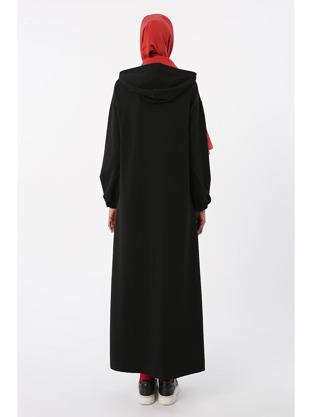 Siyah Kolu Lastikli Kapüşonlu Elbise-3