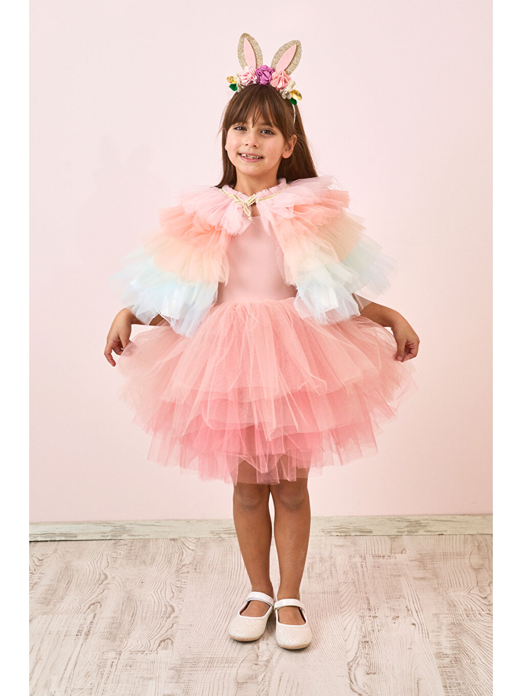 Karışık Çok Renkli Katlı Kız Çocuk Kısa Pelerin-1