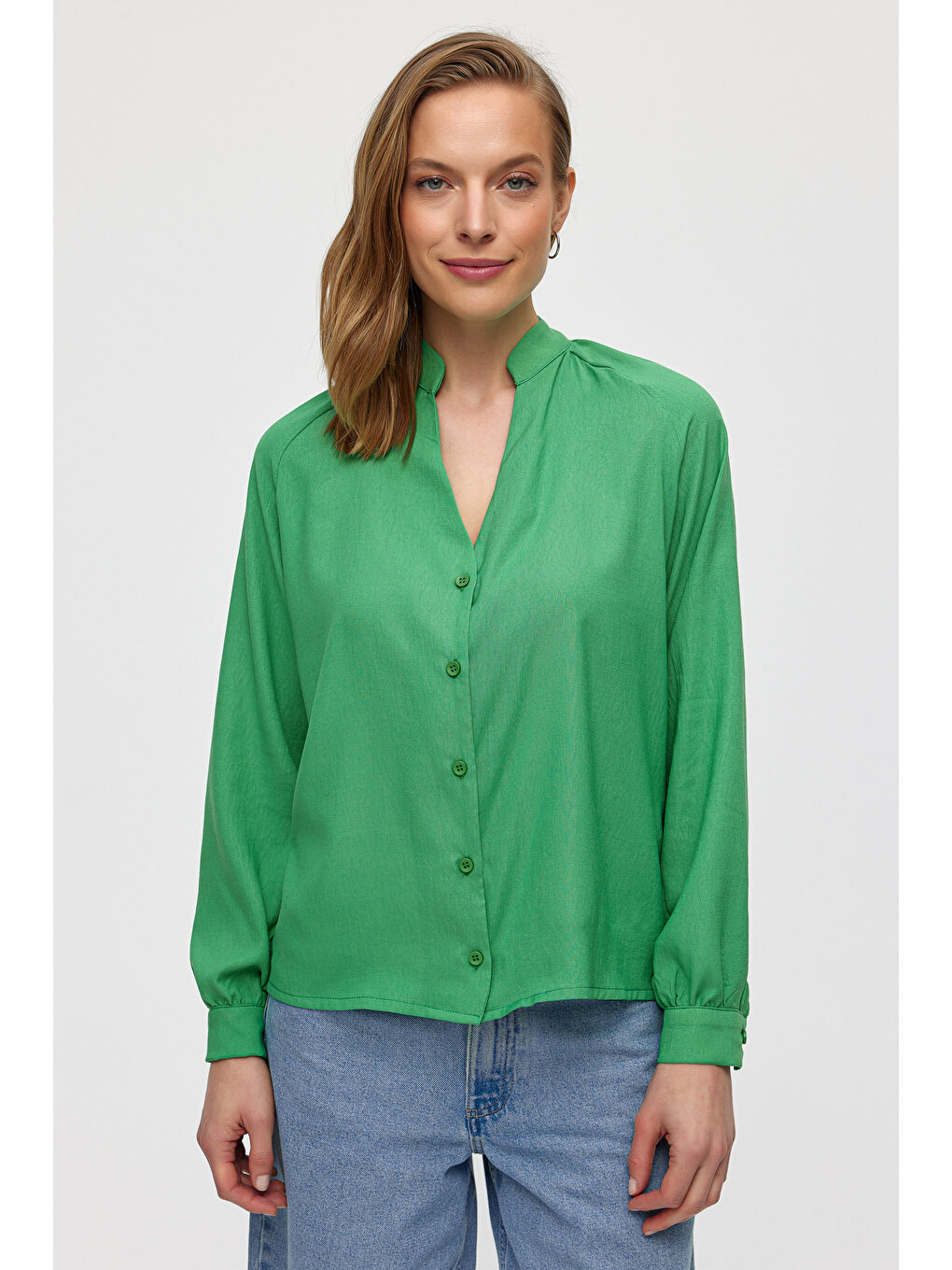 Yeşil Pilise Detaylı Düz Renk  Gömlek-1