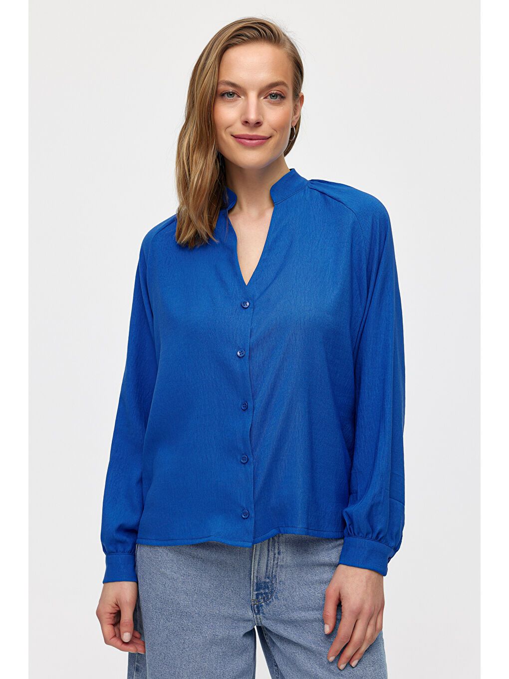 Mavi Pilise Detaylı Düz Renk  Gömlek-1