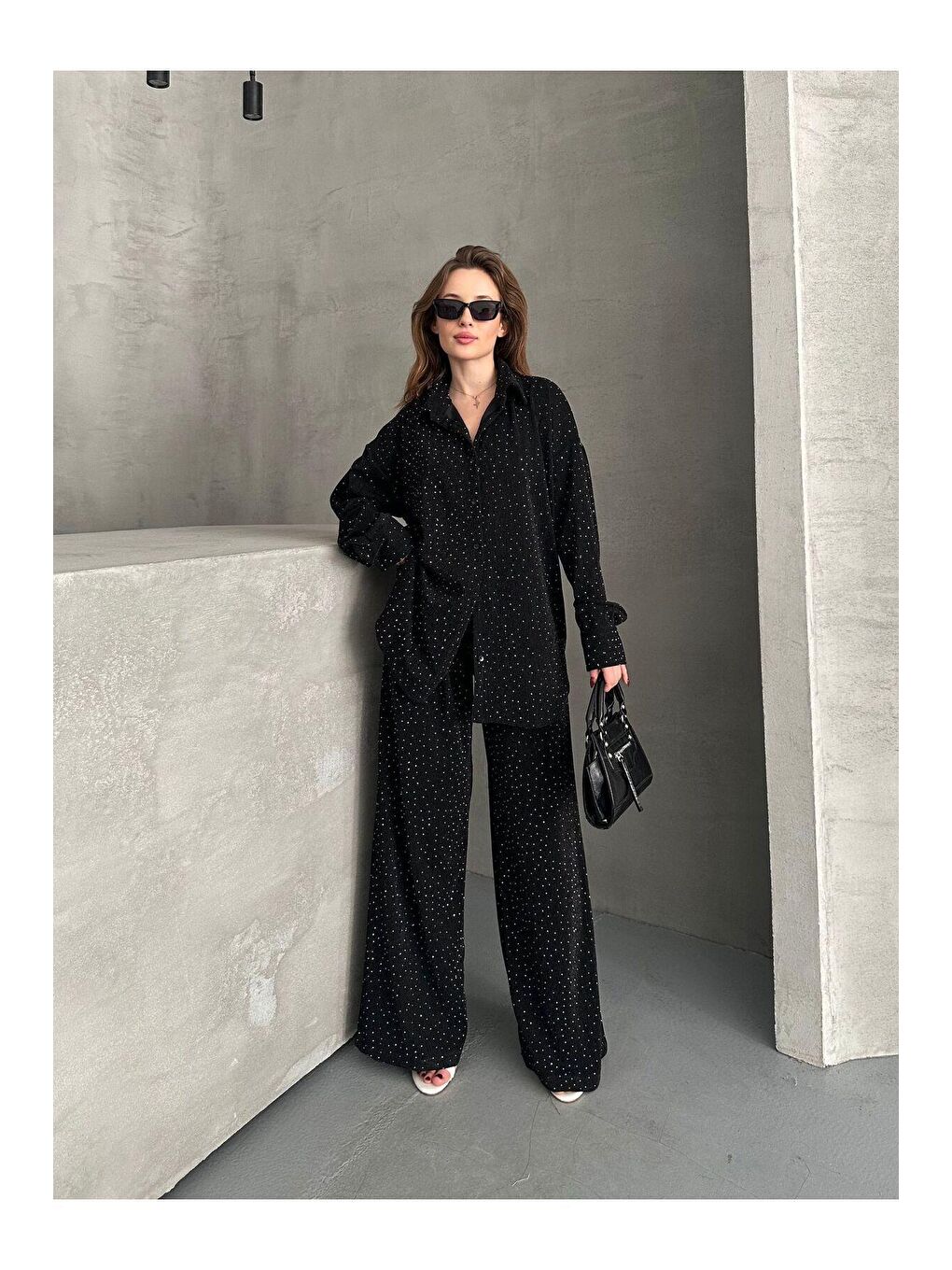 Siyah Taşlı Elastanlı Kumaş İkili Gömlek Takım-1